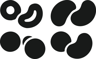 A stylized, black and white vector graphic of a pea pod with peas inside, and leaves attached to a stem.