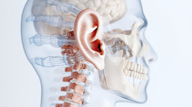 Anatomical illustration of human ear, skull, and brain structure