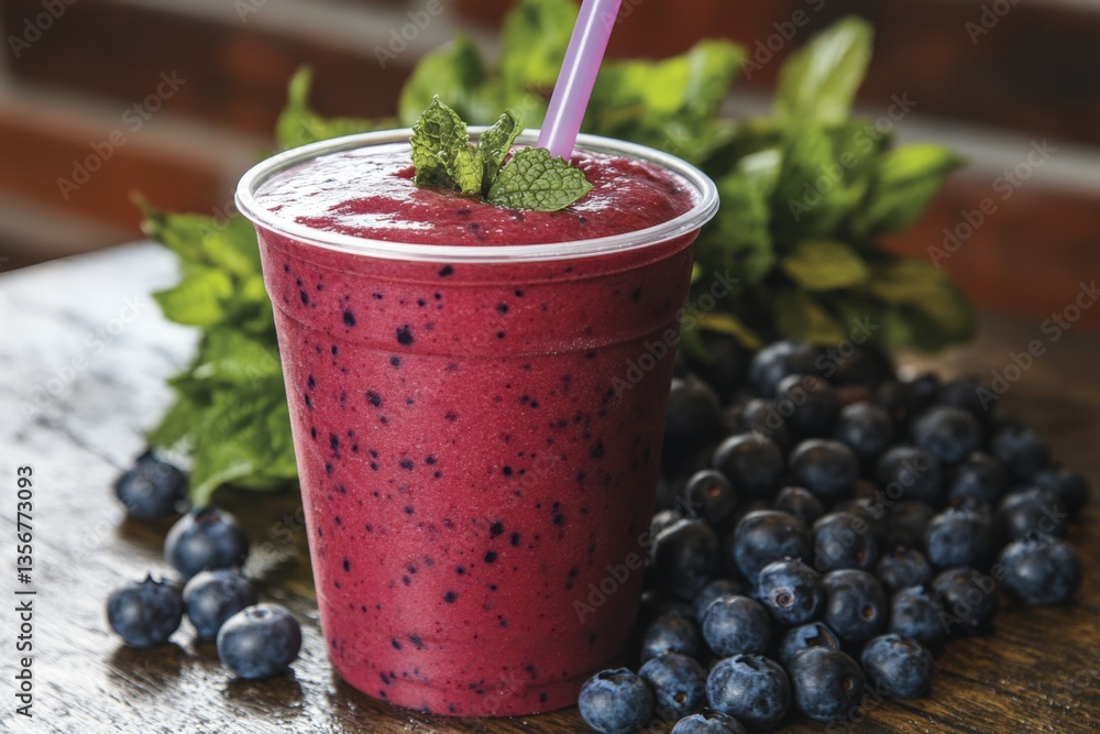 Poster refreshing berry smoothie in a clear cup garnished with mint, surrounded by fresh blueberries and mi