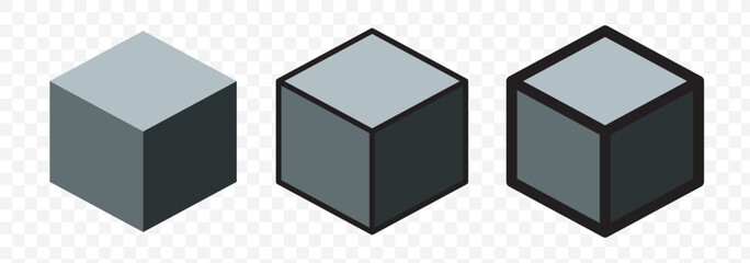 Isometric abstract cube vector icon set. Geometric block, box or brick logo. Dotted, dashed, outline, solid isolated illustrations. Wireframe 3d sign. Square three-dimensional frame. EPS10