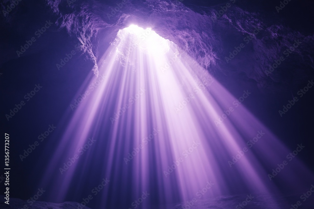 Poster light beams penetrate a cave opening during twilight, creating an ethereal atmosphere of purple hues