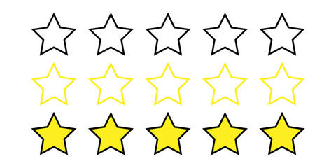 Fototapeta premium A three-row star rating system showing progression from empty to fully filled stars, commonly used for reviews, feedback, and evaluation. Vector illustration
