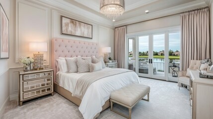 Fototapeta premium Luxurious Pink Bedroom Overlooking Waterway