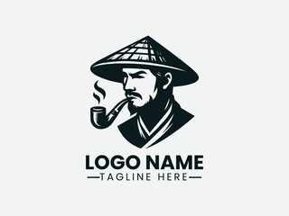 Asian Farmer Cone Pipe Logo Design, Traditional Asian Farmer Pipe Logo