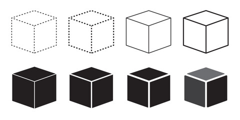 Obraz premium Isometric abstract cube vector icon set. Geometric block, box or brick logo. Dotted, dashed, outline, solid isolated illustrations. Wireframe 3d sign. Square three-dimensional frame. EPS10