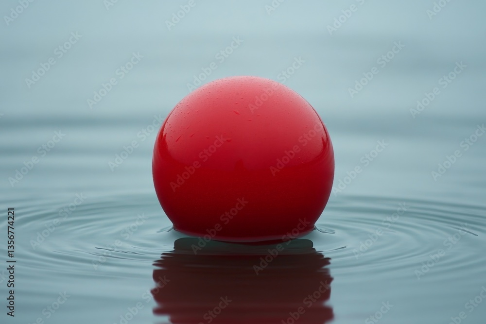 Poster Bright red ball floating on still water creates concentric ripples in a tranquil setting during early morning light