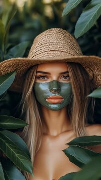 Enjoying a refreshing natural face mask amidst lush greenery while wearing a sun hat in a vibrant outdoor setting. Ideal for Social Media, Stories, Advertising