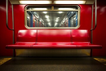Fototapeta premium Red subway interior with empty bench and vibrant colors during quiet transit hours