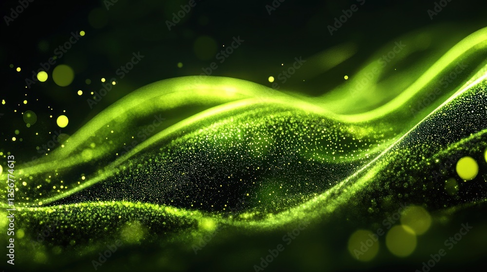 Poster abstract neon green waves with glowing particles on dark background for futuristic digital art desig