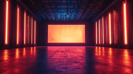 A large, empty hall with a blank illuminated screen for text or logos