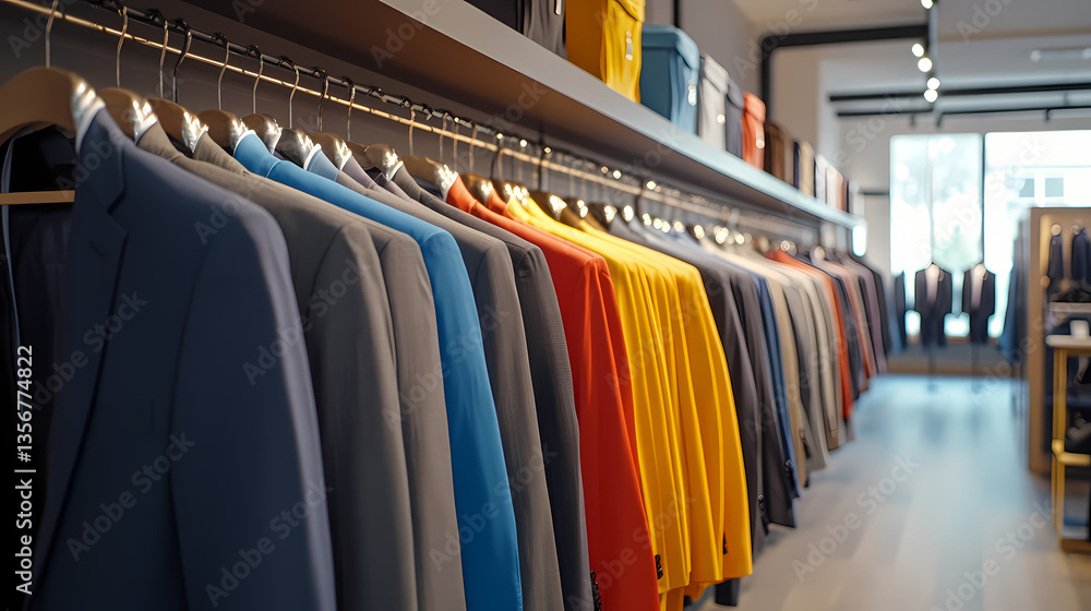 Poster elegance on display: an inviting showcase of stylish suits, neatly arranged on hangers, demonstratin