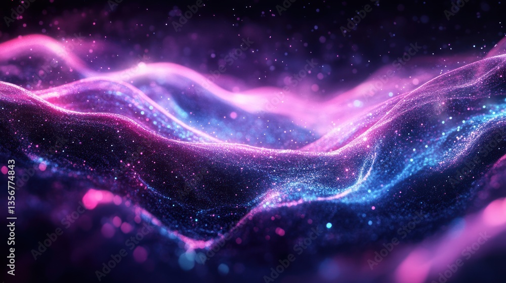Poster Abstract digital landscape glittering wavy structure with small particles sparkling background