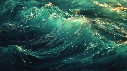 Naklejka premium Captivating teal ocean wave photography with golden sparkles reflecting sunlight off rippling water serene and majestic