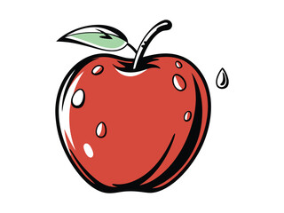 Red Apple illustration: A vibrant illustration showcases a juicy red apple, complete with a green leaf and glistening water droplets, symbolizing freshness and health.