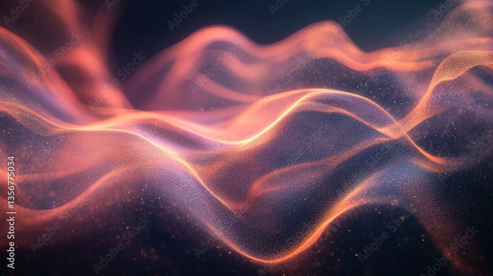 Poster Soft Flowing Light Waves with Gentle Gradient Shimmering Particles on Dark Background Serene Visual Harmonious Composition
