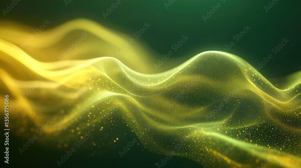Fototapete Abstract yellow luminous waves on dark green backdrop creating a modern and dynamic digital art background