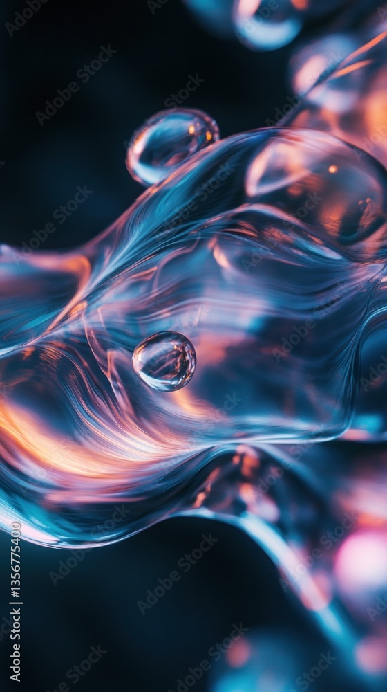 Poster flowing wave with water drops in a dreamy abstract composition illuminated by soft light in blue and