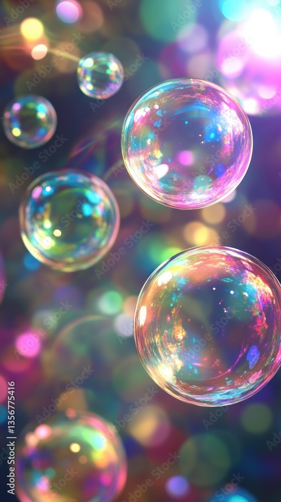 Poster Enchanting array of multicolored soap bubbles floating amidst blurred bokeh lights captivating whimsical scene