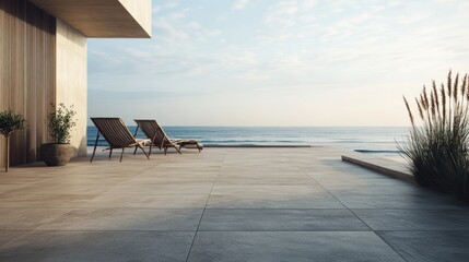 open coastal terrace blending into a natural sandy beach, warm earthy travertine stone flooring with natural imperfections, minimal layout, calm ocean horizon, room for copy