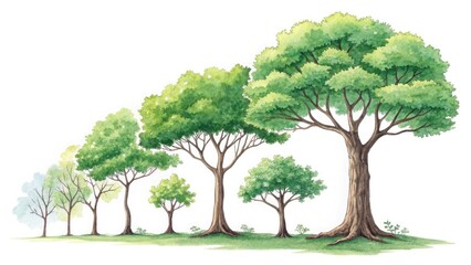 Obraz premium Watercolor illustration of different shapes and sizes of green trees.