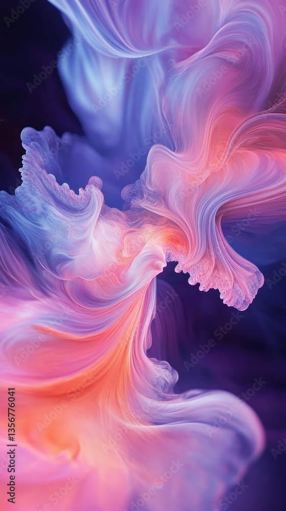 Poster ethereal dreamscape of flowing shapes in radiant pink coral and violet hues creating soft serenity