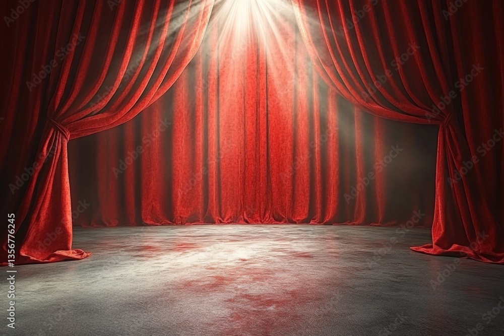 Aufkleber stage area illuminated by dramatic lighting with red curtains drawn open in a theater setting