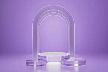 3D realistic set of three transparent glass cylindrical podium background on colorful violet color, light shining arch, mockup, 3d rendering. Minimalist stage for display product, showcase platform.