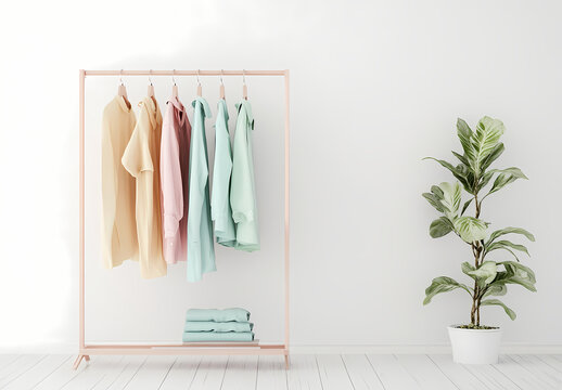 Minimalist Fashion Display: A minimalist display of fashionable clothes on a clothes rack, beside a potted plant, evokes a sense of effortless elegance and contemporary design.