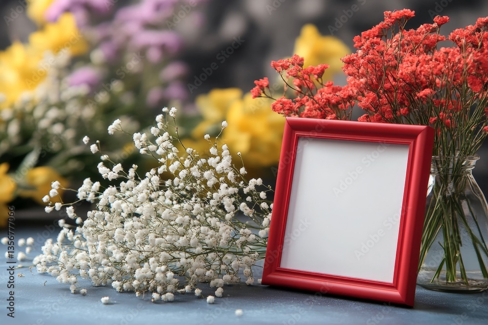 Poster brightly colored flowers and an empty red frame on a table create a fresh and inviting atmosphere fo