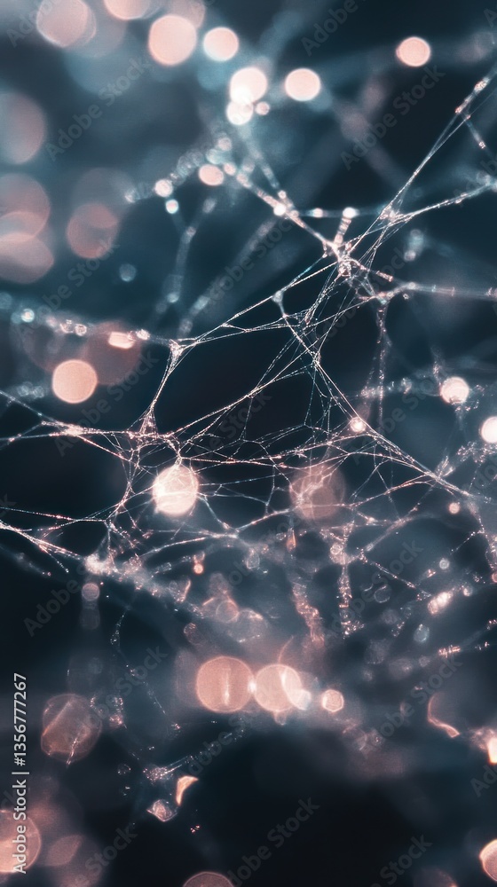 Poster ethereal spiderweb glistens with sparkling dew drops in magical forest bokeh enchanting dark nature 