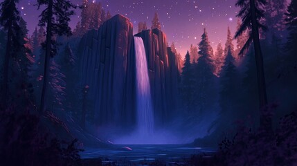 Majestic waterfall cascades under a starry night sky in fantasy landscape