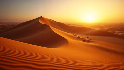 Selbstklebende Fototapeten Desert landscape bathed in golden light. Dunes rise and fall like ocean waves, their rippled contours casting dramatic shadows in the setting sun © alex