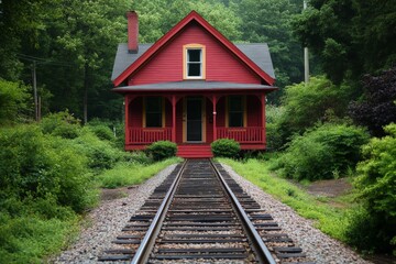 Historic red house situated near railway tracks surrounded by lush greenery in a tranquil setting