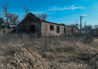 destroyed and burned houses in the city in Ukraine