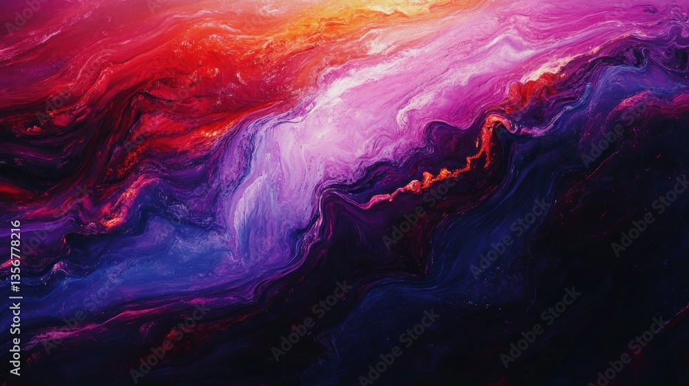 Poster mesmerizing colorful abstract swirls evoking fantasy landscape with vibrant reds, pinks, and purples
