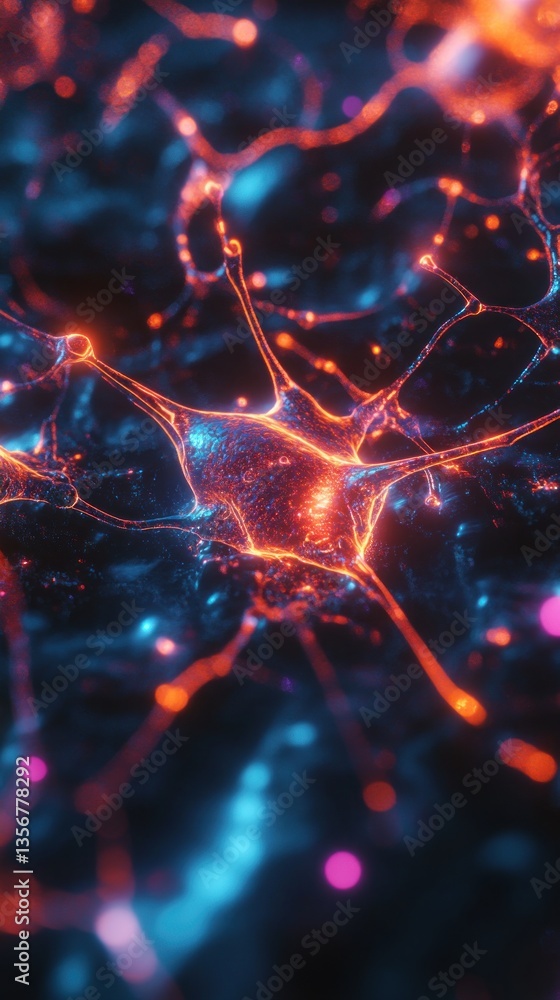 Poster microscopic neuron cell with glowing orange axons and dendrites on a dark teal background digital ar