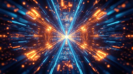 Fototapeta premium Captivating Data Tunnel Vision with Orange and Blue Light Beams Abstract Technology Background