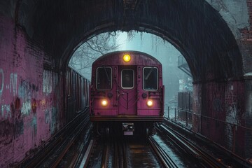 Obraz premium Moody urban subway train emerging from a tunnel during wet weather in a bustling city center