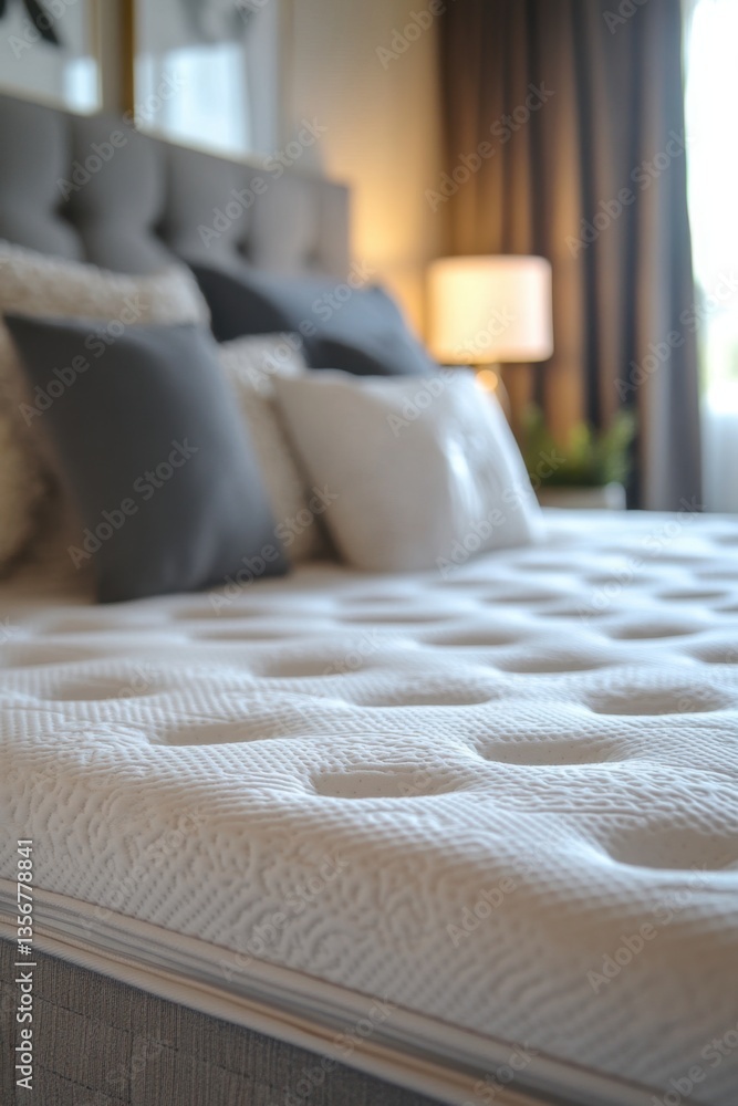 Poster serene bedroom scene featuring a plush mattress with luxurious pillows and soft lighting creating a 