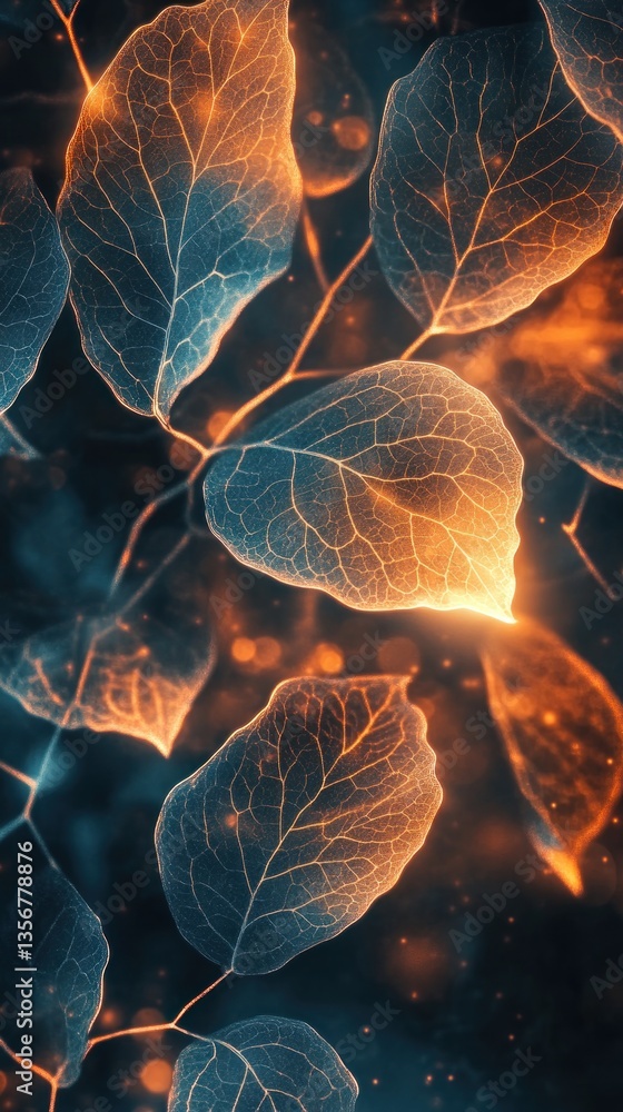 Aufkleber glowing leaves in soft focus with warm light and dark background creates magical ethereal atmosphere