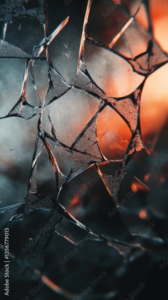 Poster Fractured Glass Abstract Art Macro Displaying Dark Blue Hue and a Mysterious Orange Light on the Background
