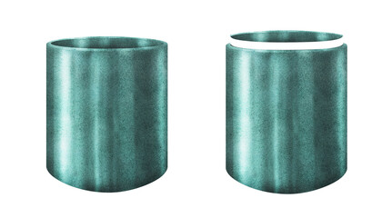 Planter with green metallic textures. Flower pot, vase for plants and bouquets. Watercolor container template for interior and exterior, indoor and garden flowers, plants, trees