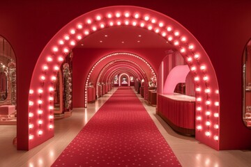 Luxurious hallway with bright lights and red decor in modern boutique hotel during evening hours