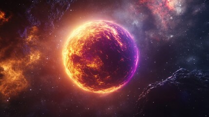 Naklejka premium Fiery Planet in Cosmic Nebula