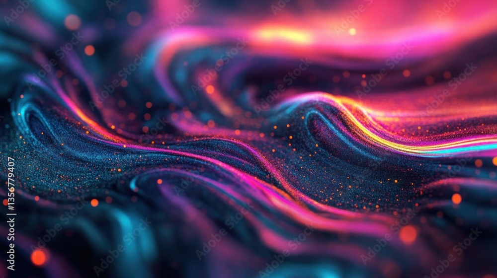 Poster Abstract luminous wave with vibrant magenta and cyan hues sparkling particles for dynamic background