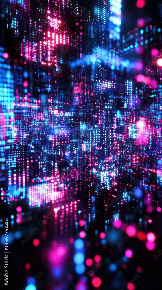 Aufkleber Digital network visualization with glowing pink and blue dots creating abstract data background