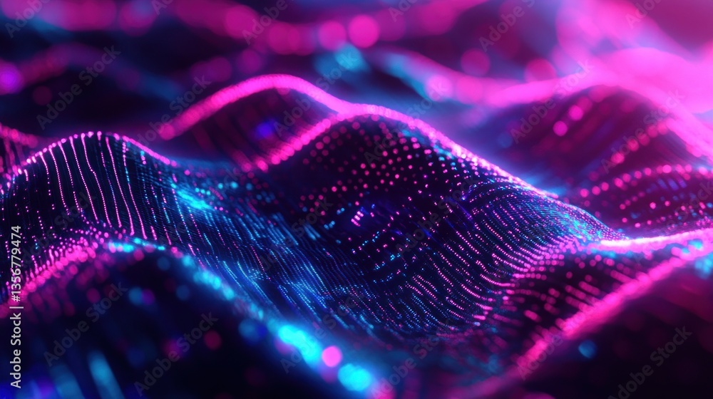 Poster captivating abstract landscape with luminous digital particles in futuristic vivid neon color palett