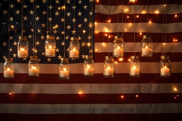 A large American flag with mason jars hanging from the top, each jar containing lit candles. The background is the full view of an American flag