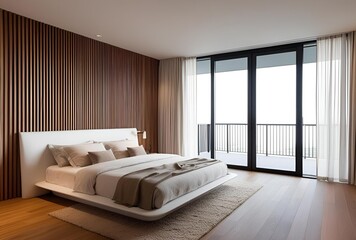 Minimalist Modern Bedroom with Wooden Aesthetic and Balcony View