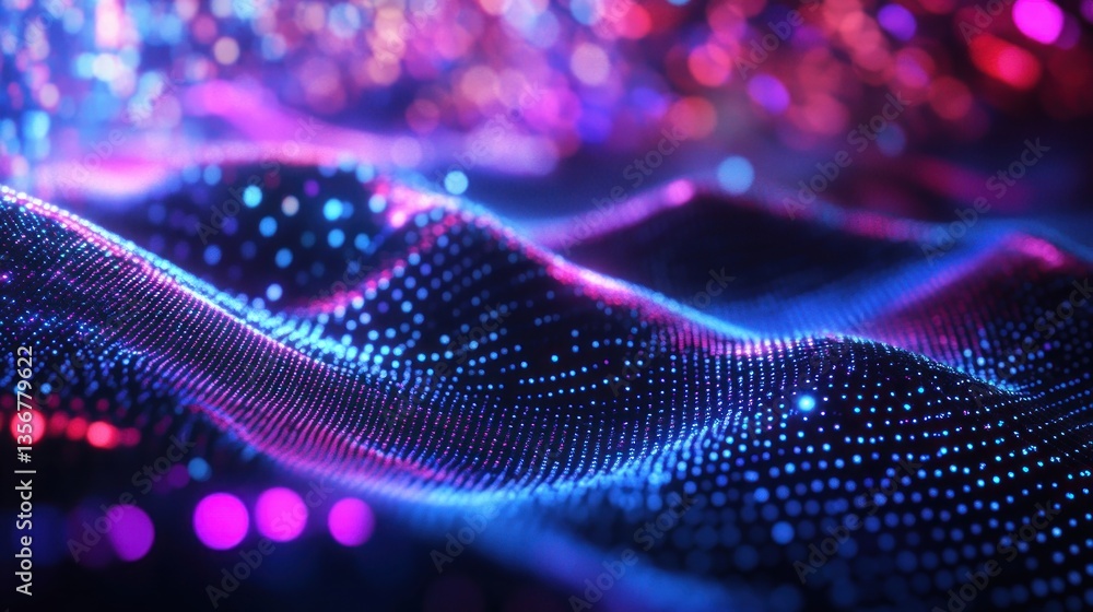 Poster digital abstract landscape formed by connected blue and pink dots futuristic wave dynamic and elegan